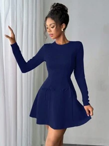 Chiquease 2024 Hàng mới về Đầm mini chữ A cổ tròn màu đỏ có cấu trúc, xòe eo, có nơ trang trí, khóa kéo ẩn phía sau - Màu xanh hải quân - Xem 3