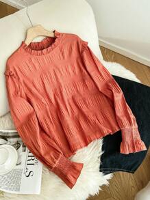 SHEIN Frenchy Plus Size Casual Simple School Style Solid Color Pleated Women Shirt, Blouse, New Spring Collection - Brown - View 1