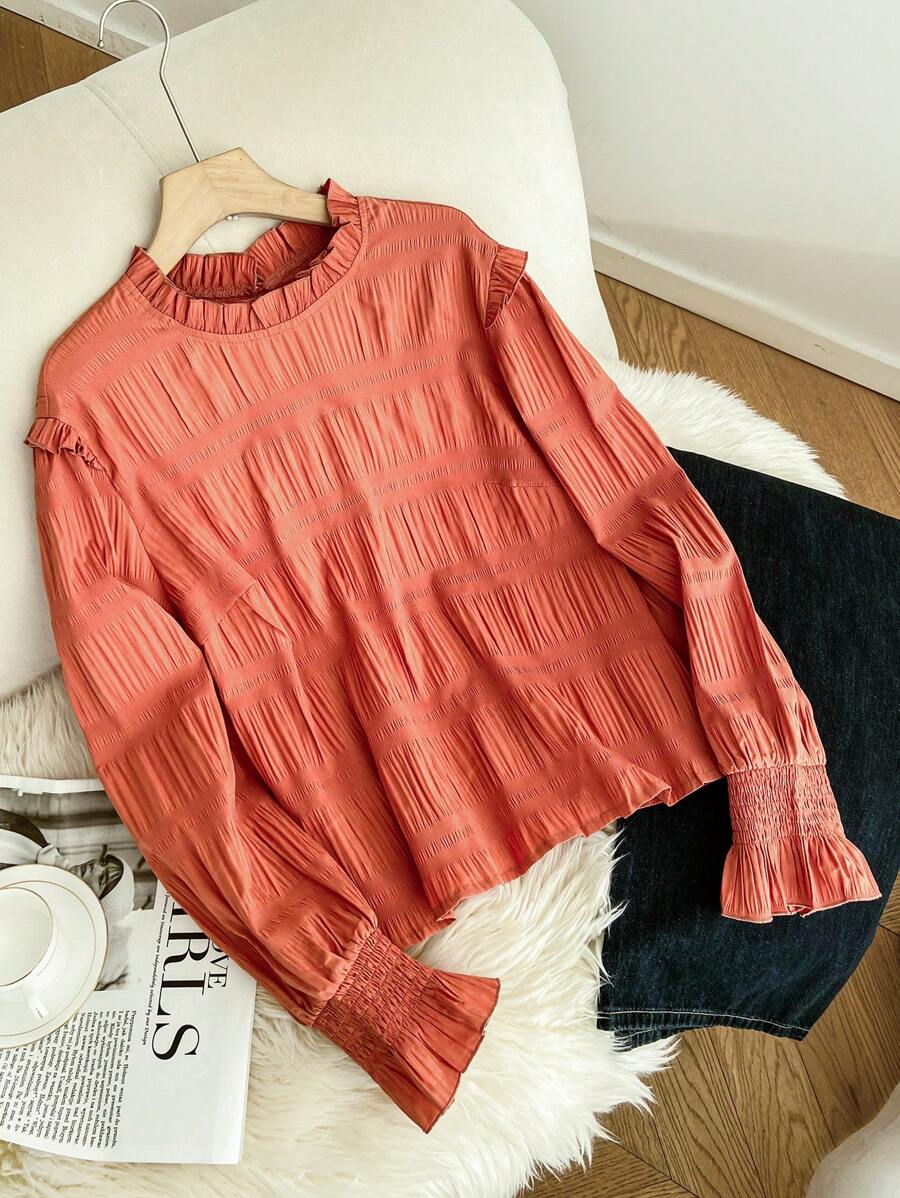 SHEIN Frenchy Plus Size Casual Simple School Style Solid Color Pleated Women Shirt, Blouse, New Spring Collection - Brown - View 1
