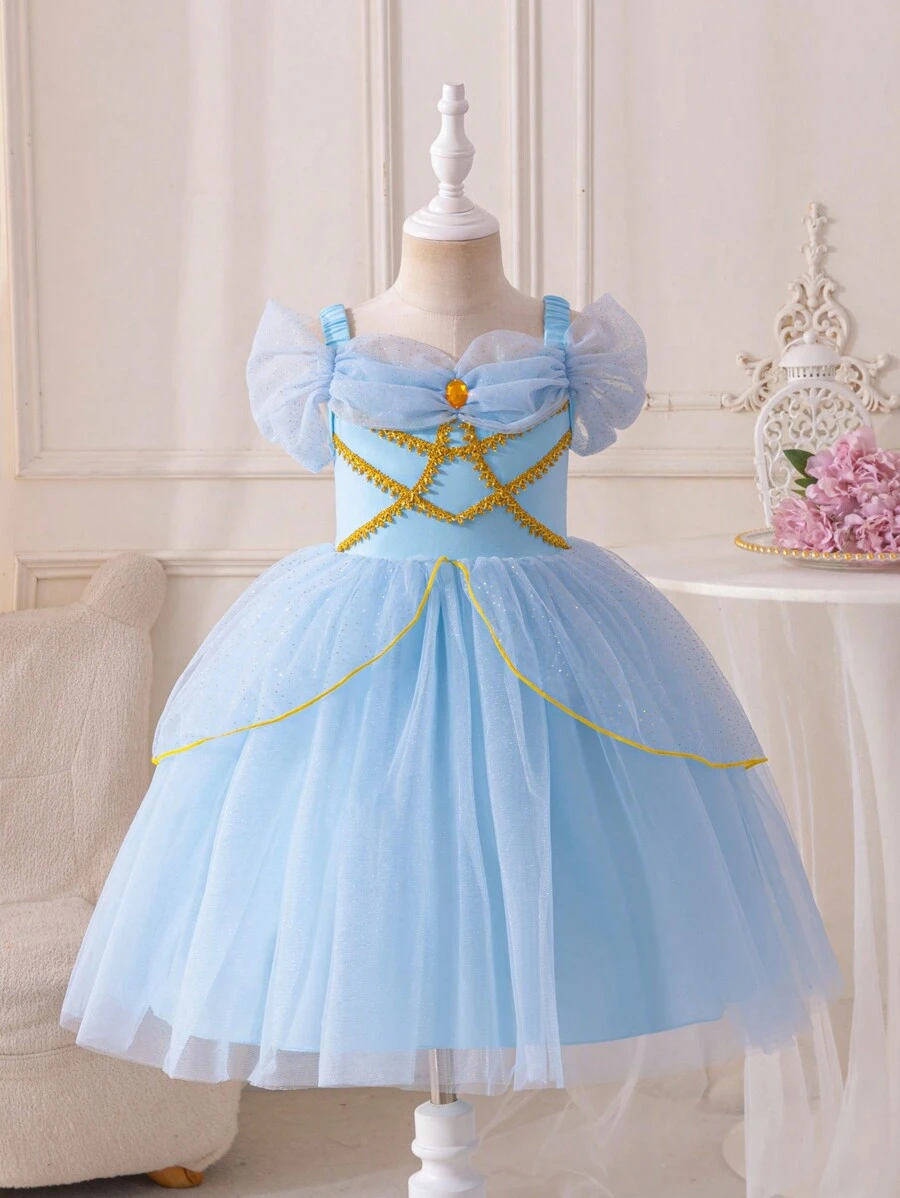 SHEIN Glamorique Kids 女童公主裙，蓝色针织连衣裙，金色丝带，派对礼服，闪光印花，生日派对，婚礼，节日，四季皆宜，日常穿着连衣裙 - 藍色 - 查看 1