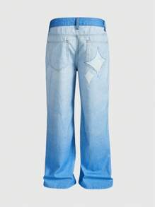 ROMWE MEN Street Life Herren Jeans mit Taschen, Buchstaben und Herz Grafik, weites Bein, lockere Baggy-Casual-Jeans - Blau - Übersicht 2