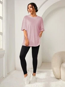 Women's Solid Color Stand Collar Sports T-Shirtworkout Tank Top Gym Shirts - Dusty Pink - View 5