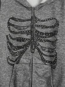 ROMWE Grunge Punk Felpa con cappuccio casual da donna, maniche lunghe, con stampa a catena in stile grunge e cerniera