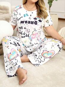 SHEIN Plus Size Women Letter Print Round Neck Short Sleeve T-Shirt And Pants Pajama Set - Multicolor - View 1