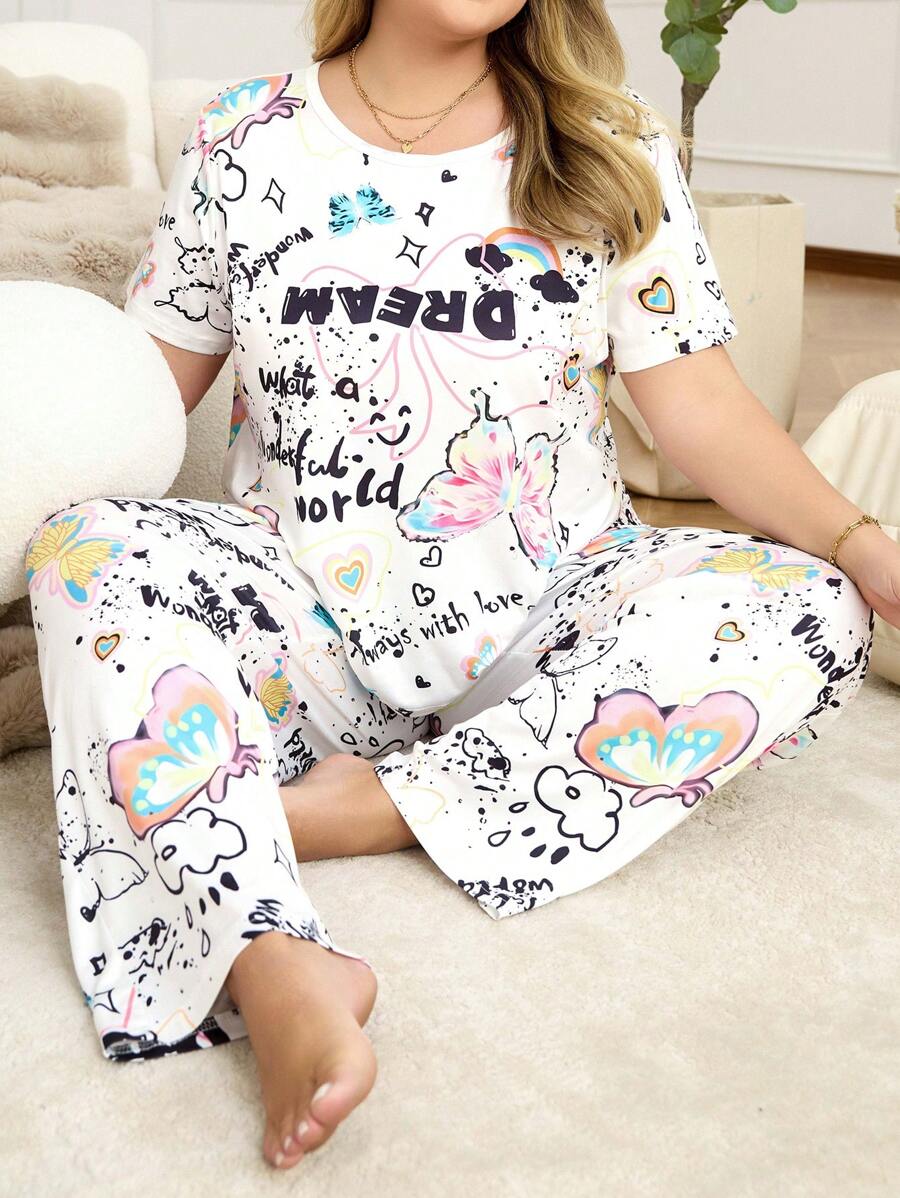 SHEIN Plus Size Women Letter Print Round Neck Short Sleeve T-Shirt And Pants Pajama Set - Multicolor - View 1