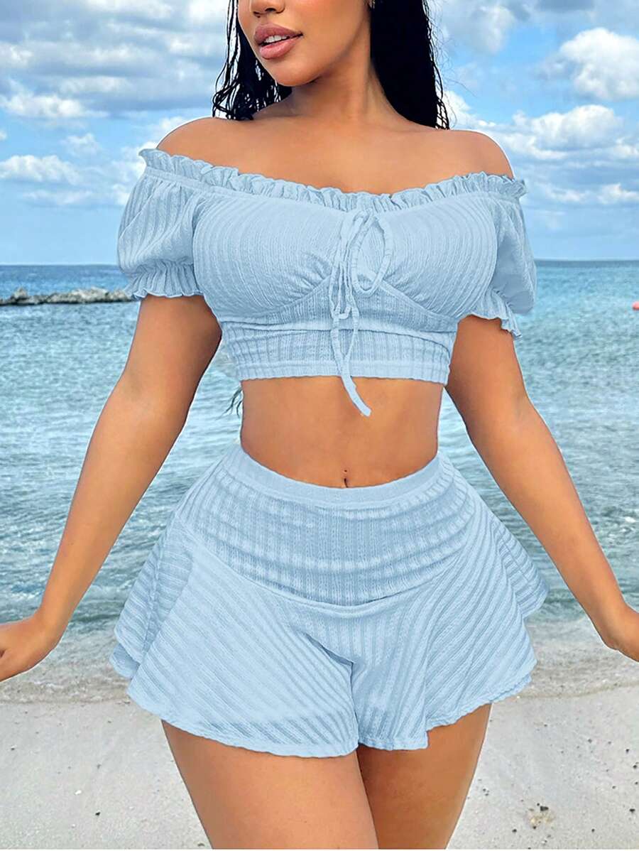 SHEIN SXY Beach;Summer Vacation Outfits Princess Sleeves Ruffle Holiday White Two Pieces Set - Baby Blue - View 1