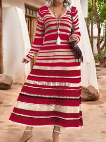 Calvaya Plus Size Colorblock Striped Long Knitted Sweater Dress, Casual Resort Wear For New Year Clothes - Red - View 6