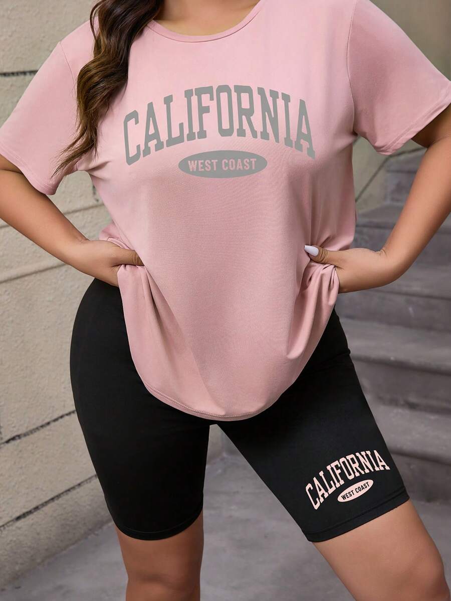 Flirla Letter Print  Short Sleeve T-Shirt And Shorts Set - Multicolor - View 1