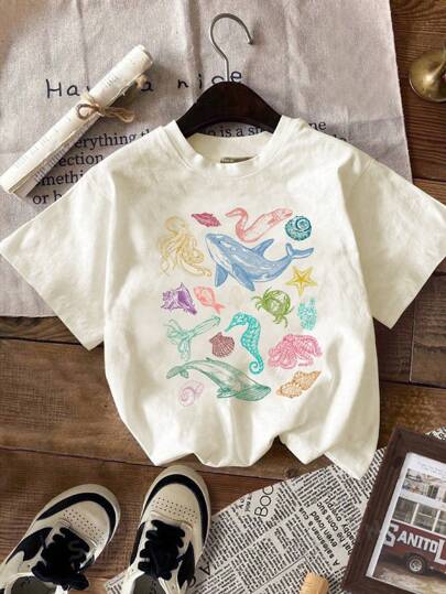 INAWLY Plus Size Summer Loose Fit Women's Drop-Shoulder Sleeve Casual T-Shirt With Sea Creature Print Graphic Tees Women Tops