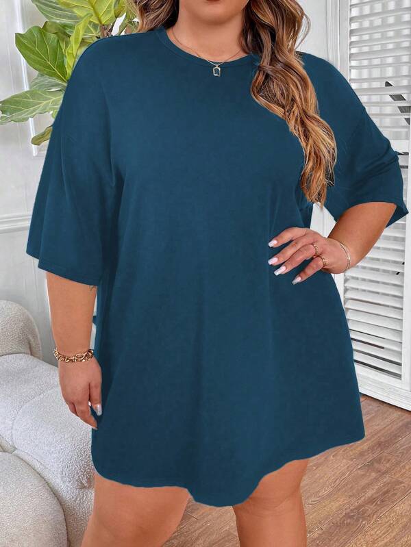 SHEIN CURVE+ Plus Size Women Round Neck Dropped Shoulder Loose Casual T-Shirt