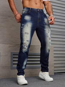 Manfinity Homme Pantalones vaqueros casuales con bolsillos y efecto desgastado para hombres de talla grande