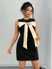 SHEIN Unity Women's Elegant Sleeveless Dress With Bowknot And Color-Blocking Design - Multicolor - View 4