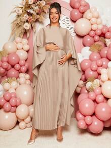 Loomaby Váy bầu cổ xếp ly màu trơn thanh lịch cho bà bầu, dự tiệc mừng em bé chào đời - Màu nâu  Mocha - Xem 3