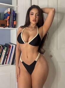 SHEIN X Sofía Suescun Swim Vcay Women's Solid Color Crochet Halter Tie-Up Regular Summer Bikini Set