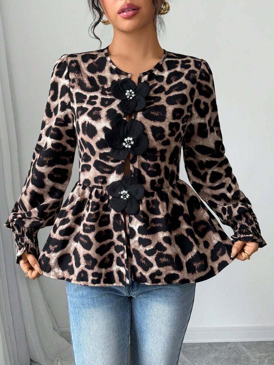 SHEIN Frenchy Women's Fashion Three-Dimensional Flowers Long Sleeves Tops,Leopard Print Button Closure Embellished Doll Shape Shirt, Lantern Sleeve Ruffle Cuff Top,Autumn Winter Cheetah Casual - Multicolor - View 1