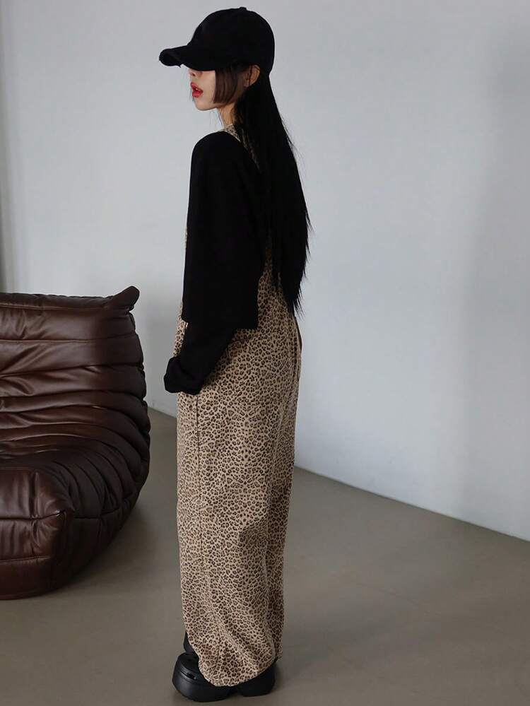 Women's Loose Versatile Casual Leopard Print Denim Bib Overalls Cheetah Print