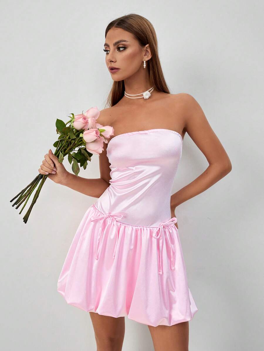 Chiquease Shine Fabric French Romantic Strapless Peplum Hem Mini Dress - Pink - View 1