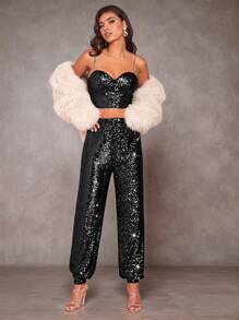 SHEIN BAE Christmas Sequin High Waisted Joggers - Black - View 8