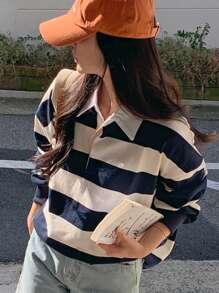 DAZY 女式宽松宽条纹 Polo 领休闲街头 T 恤，秋季服装长袖女式上衣 - 藏蓝色 - 查看 1