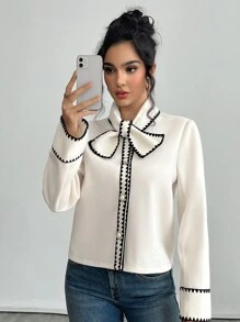 SHEIN Privé 女士秋季系带领长袖优雅拼色常规夹克 - 黑與白 - 查看 3