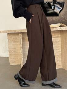 DAZY Women's Striped Patchwork Wide Leg Pants With Pockets, Casual Loose Suit Pants Buisness Attire - Brown - View 6