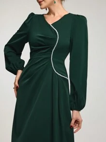 Modelyn Women's V-Neck Lantern Sleeve Pleated Elegant Arabian Modest Long Sleeve Dress Long Evening Dresses