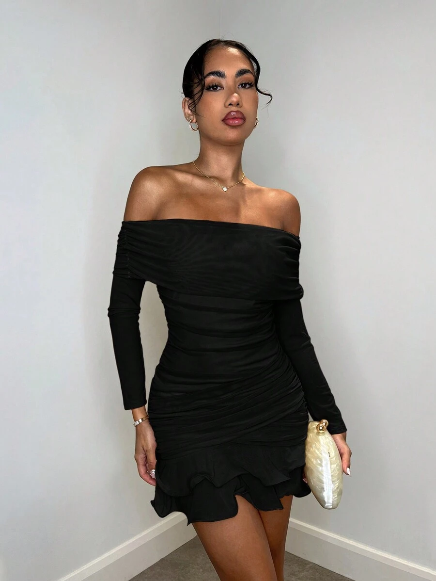 SHEIN BAE Women's Apricot Solid Color Mesh Knit Ruched Off Shoulder Sexy Open Shoulder Long Sleeve Exaggerated Ruffle Hem Elegant Sweet Mini Dress, Suitable For Afternoon Tea Gathering, Fashionable Outing, Date Night, Sweet Outing, Outdoor/Night Out, Holiday Outfits, Long Sleeve Dress, Sexy Women's Outfits, Club Women's Outfits, Long Sleeve Mini Dress,Valentine's Day,Valentine Outfits For Women - Black - View 1
