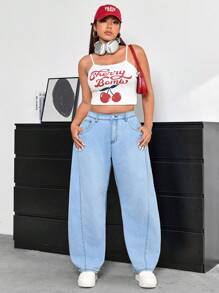 SHEIN ICON 高腰斜口袋寬腿牛仔褲+ - 淺色水洗藍 - 查看 3