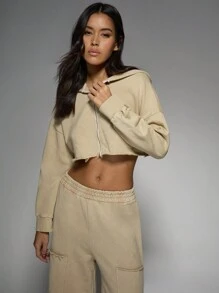 MISSGUIDED Distressed Hooded 2 Pcs Set Loose Wide Leg Loungewear Tracksuit Casual Matching Coordinates Lounging Set Cotton Blend Streetwear Coordinated Outfit - Apricot - View 3