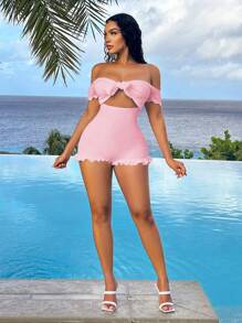 SHEIN SXY 夏季假期海滩露肩前系带蝴蝶结泡泡袖荷叶边下摆女式连体衣