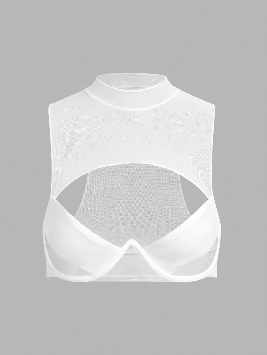 SHEIN ICON Áo Crop Top Cổ Tròn Cắt Rỗng Corset Đen - trắng - Xem 1