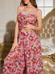 2pcs Contrast Color Lace Net Printed Ruched Camisole And Pants Pajamas Set - Pink - View 6