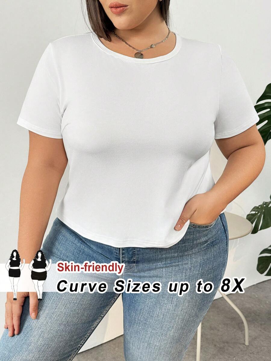 SHEIN CURVE+ CURVE PLUS /情人节/四件套加大码女式休闲简约纯色圆领短袖T恤，适合夏季穿着（不同颜色，黑色+白色+粉色+棕色） - 彩色 - 查看 1