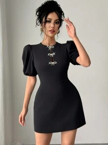 Firerie New Elegant Commuter Modern Round Neck Cutout Rhinestone Bow Puff Sleeve A-Line Mini Dress, Spring/Summer Outfits, Valentine's Day