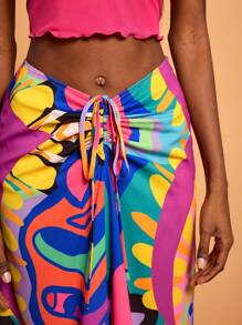 Abeille Creations Designer Boho Bohemian Summer Colorful Abstract Print Chiffon Drawstring Long Skirt, Going Out, Vacation, Beach, Festival, Ibiza Fits - Multicolor - View 4