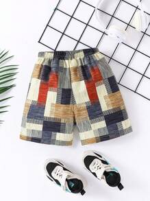 SHEIN 1 件装年轻男孩休闲格子条纹印花短裤，适合日常穿着、度假、户外、夏季度假、假日、旅行、放松、日光浴 - 彩色 - 查看 2