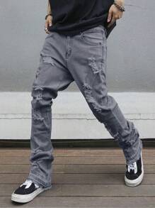 Manfinity Roghcode Men's Casual Distressed Pocket Simplistic Denim Jeans, Daily Wear - Dark Grey - View 5