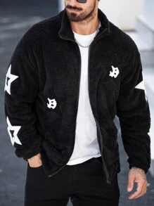 Manfinity Homme Men's Casual Star Applique Fleece Jacket, Autumn/Winter - Black - View 6