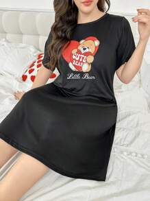 Cartoon Heart & Bear Print Short Sleeve Plus Size Nightgown - Black - View 5