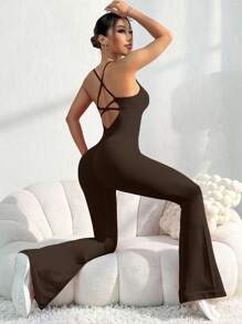 Seamless High Elastic Yoga Workout Leisure Sports Jumpsuit With Built-In Bra Pad