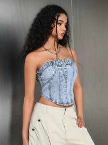 SHEIN EZwear Damen einfaches lässiges Denim Bustier Top, Alltagskleidung - Blau - Übersicht 7