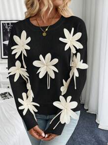SHEIN Unity 女士3D手工花朵长袖套头毛衣，秋冬针织套头衫 - 黑色 - 查看 4