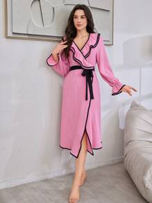 Women's Contrast Color Trim Double Layer Ruffle Collar Tie Front Bathrobe Loungewear - Pink - View 5