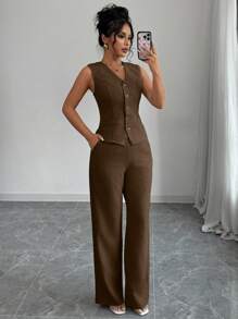 Elenzga 女士优雅时尚 V 领无袖自系带背心和直腿裤纯色休闲西装套装 - 摩卡棕 - 查看 4