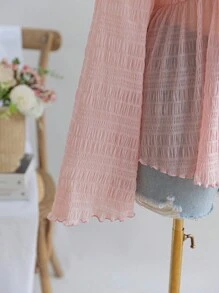 Soleia Plus Size Women's Pink Textured Mesh V-Neck Tie-Up Flare Sleeve Split Hem Blouse, Vacation Wear, Autumn/Winter - Pink - View 4