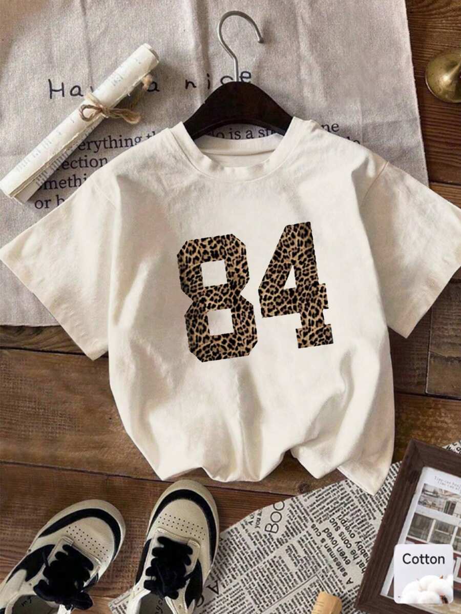 Teen Girl Casual Leopard Print Digit Pattern Short Sleeve T-Shirt
