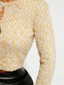 SHEIN SXY Áo len dệt kim cổ tròn ôm sát tay dài in hoa - Màu vàng - Xem 7