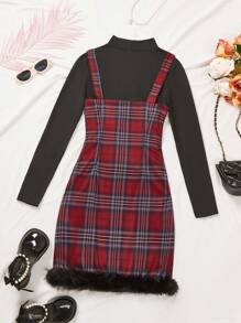 SHEIN Bộ 2 áo phông lót ấm áp dễ thương cho bé gái tuổi teen + váy kẻ caro - Nhiều màu - Xem 2