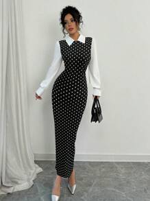 Rafferiza Đầm dài tay cổ sơ mi họa tiết răng sói phối màu thanh lịch & vừa vặn dành cho nữ, mùa thu/đông - màu đen - Xem 7