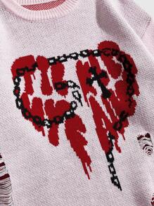 ROMWE MEN Street Life 情人节/爱情/情侣/心/XOXO/亲吻/拥抱和亲吻/做我的人/宝贝/婴儿/吻/嘴唇/心/丘比特/天使/玫瑰/微笑/蝴蝶/樱桃/草莓/3D 玫瑰/花朵/蝴蝶结印花情侣复古宽松毛衣，男士休闲针织套头衫，冬季 - 粉色 - 查看 3